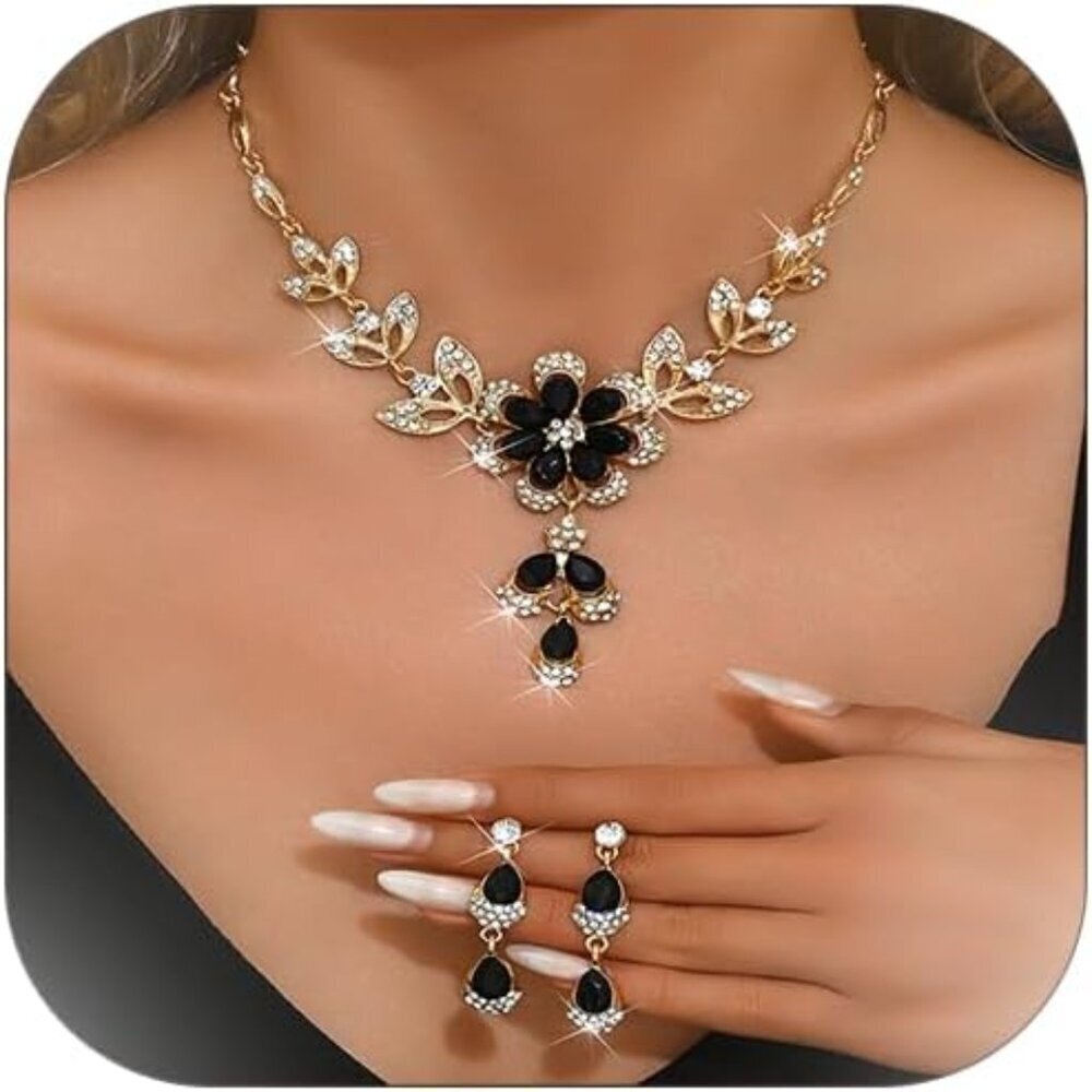 Wedding Jewelry Set Rhinestone Necklace Earrings Bracelet Ring Gold Silver Prom